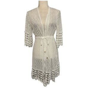 womens solid white lace long sleeve mini bikini bathing suit cover up xs small